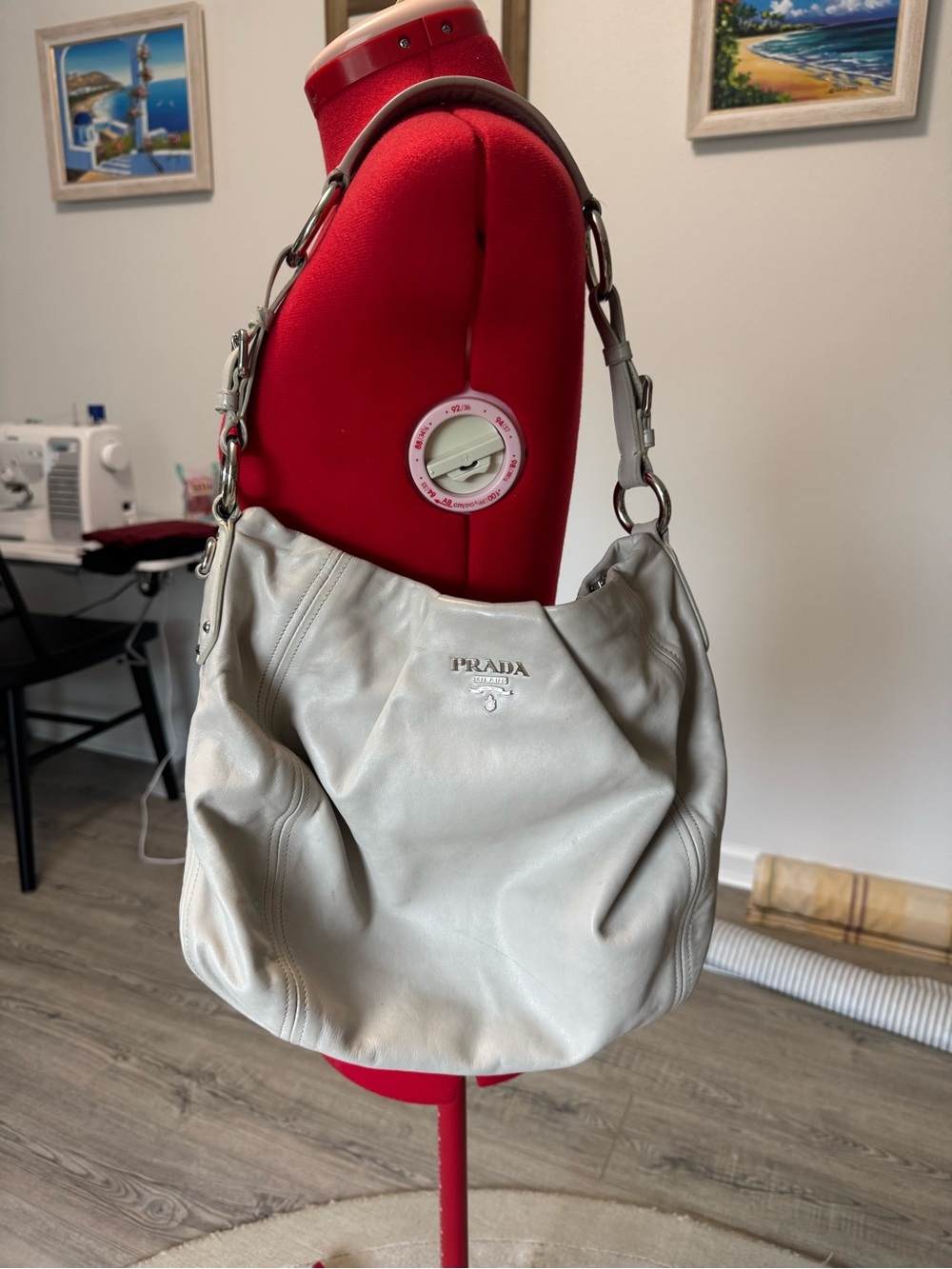 Prada Light Grey Leather Shoulder Hobo Bag